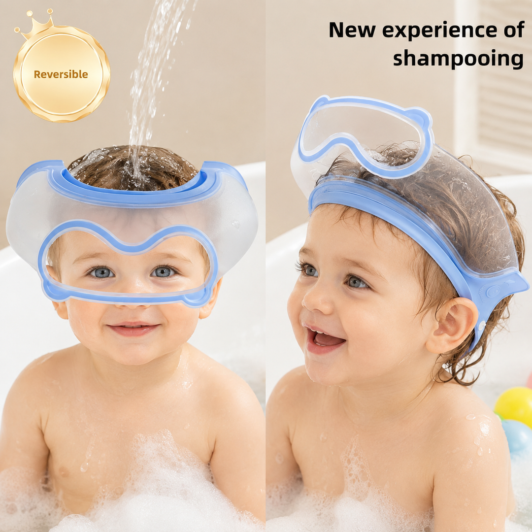 Blue reversible shower cap shown in two positions during a child&