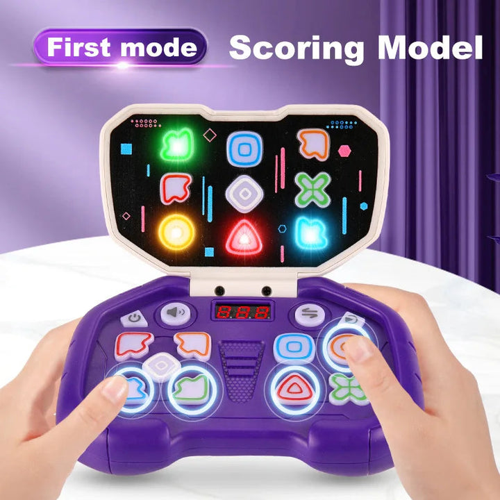 Purple rhythm game in scoring mode with illuminated buttons and an LED score display.