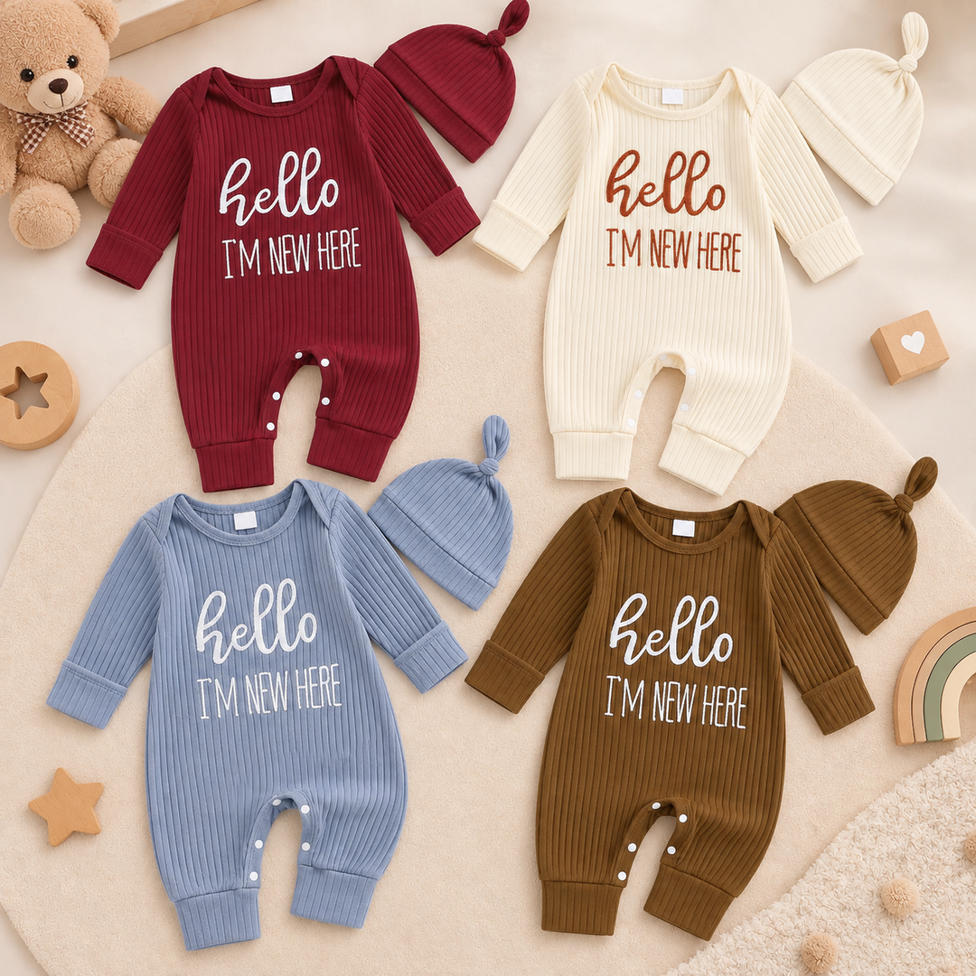 Red, beige, blue and brown ribbed baby jumpsuits with matching knotted beanies