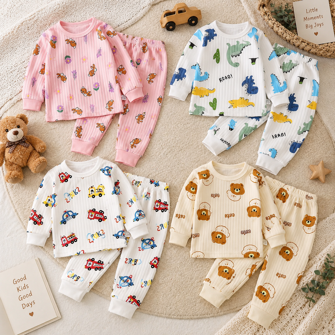 Four cotton pajama sets laid flat in pink rabbit, dinosaur, vehicle and bear prints