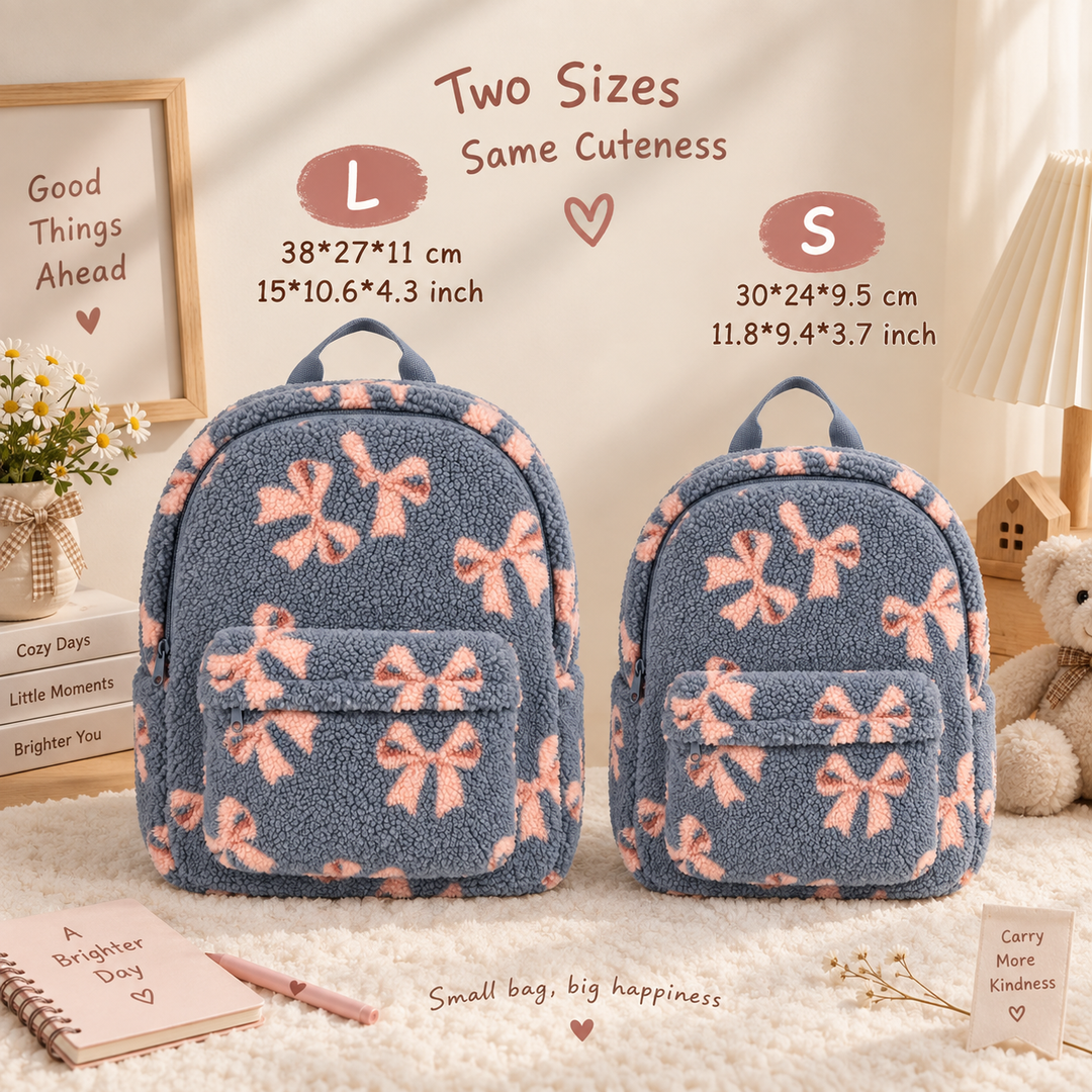 Small and large blue ribbon teddy backpacks with measurements in centimeters and inches