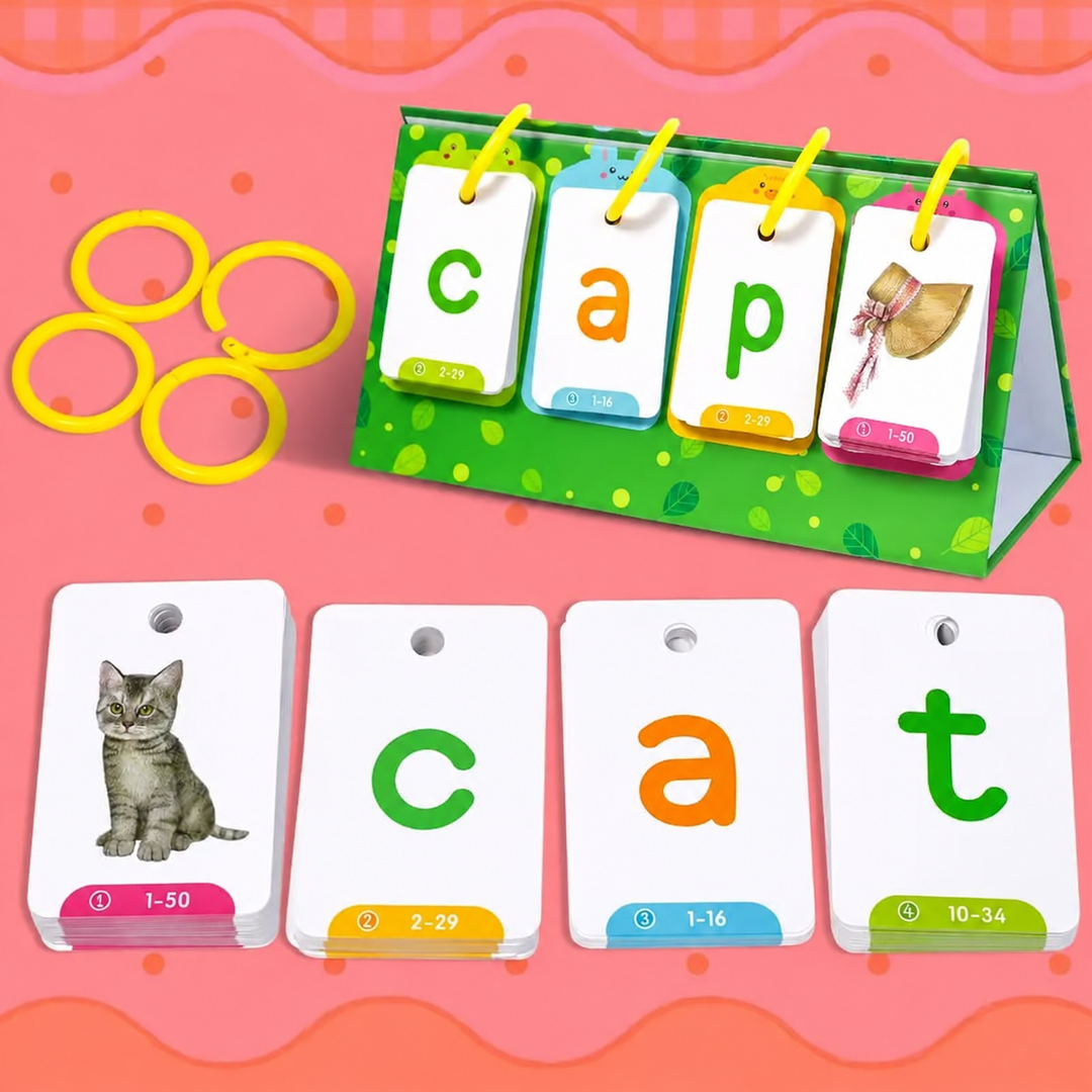 Letter and picture card stacks with yellow rings and a green word-building stand.