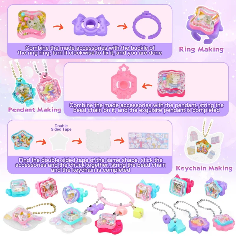 Assembly guide for making rings, pendants, and keychains with colorful charms.