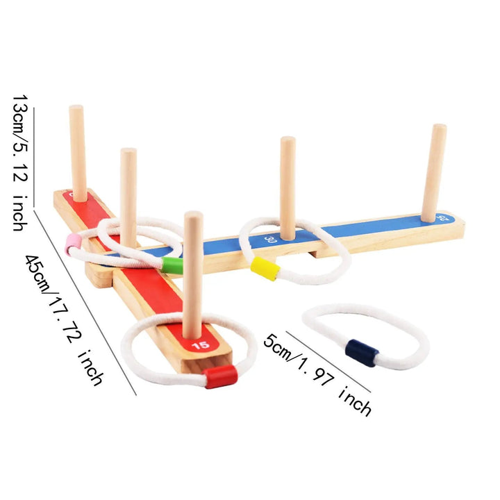 Ring toss measurements showing a 45 cm base, 13 cm pegs, and 5 cm rings.