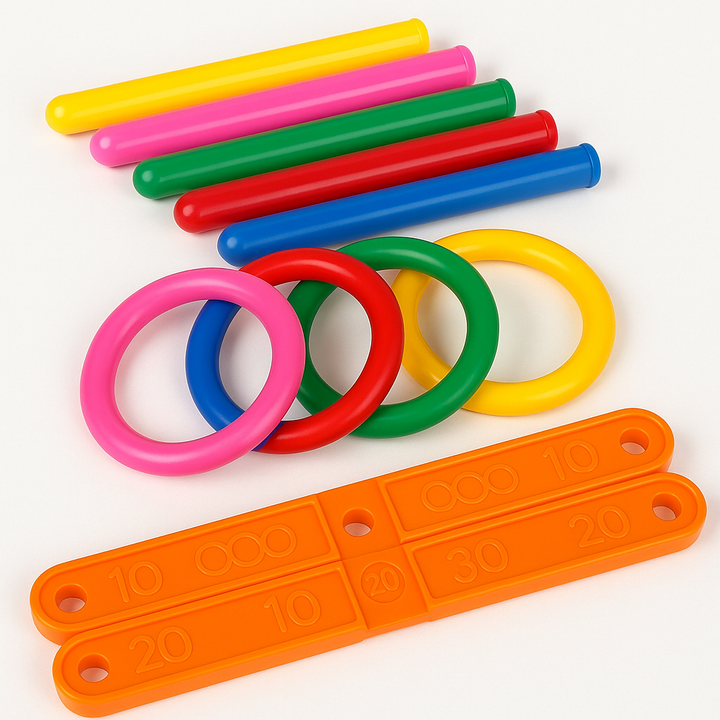 Disassembled ring toss set with two orange base arms, five colored pegs, and five rings