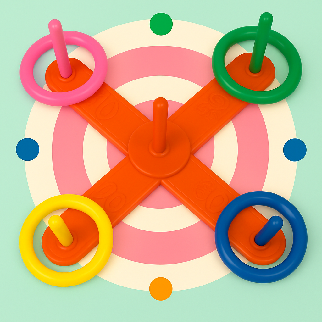 Orange ring toss game with colorful rings displayed over a circular target design