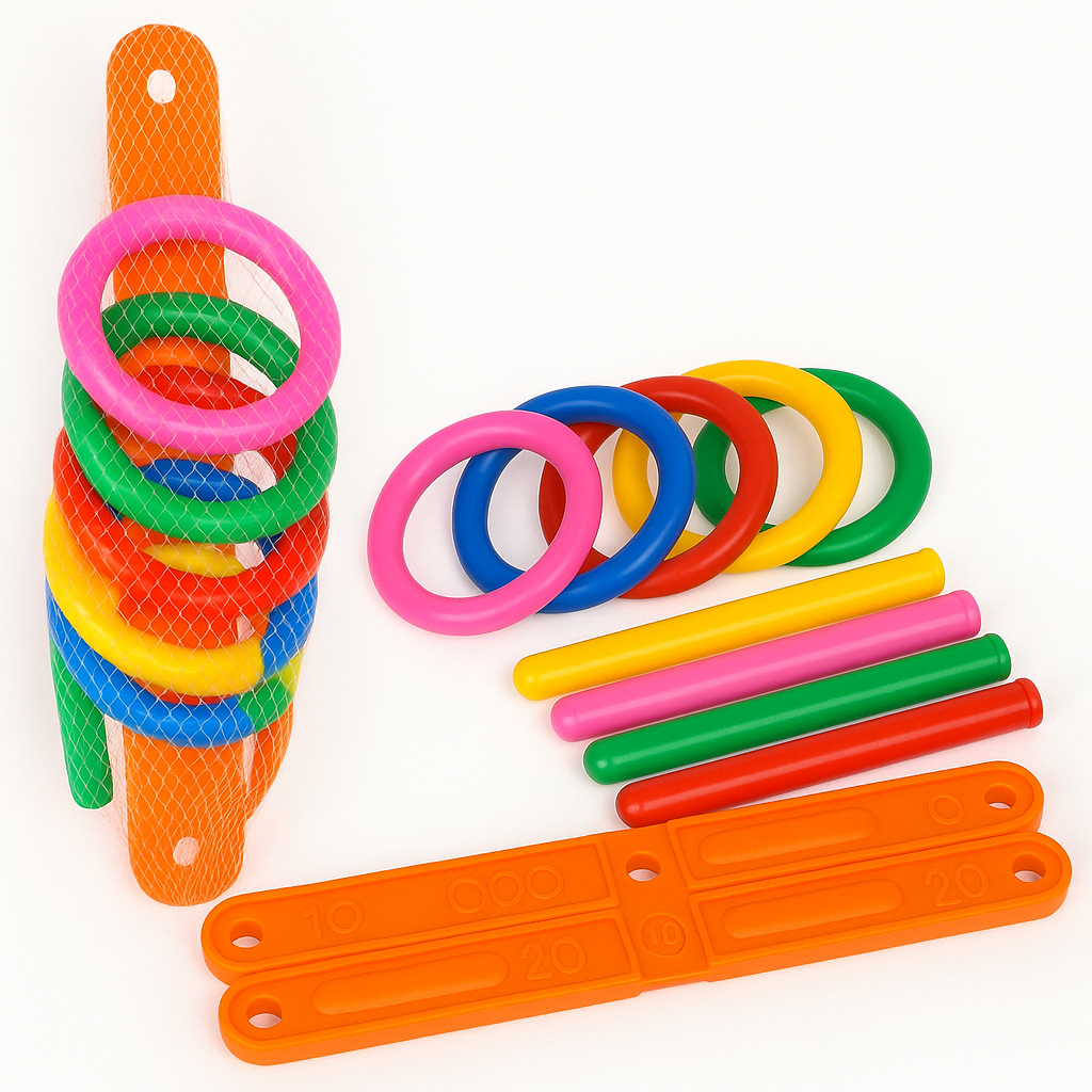 Ring toss parts beside a mesh bag holding colorful rings and orange base pieces