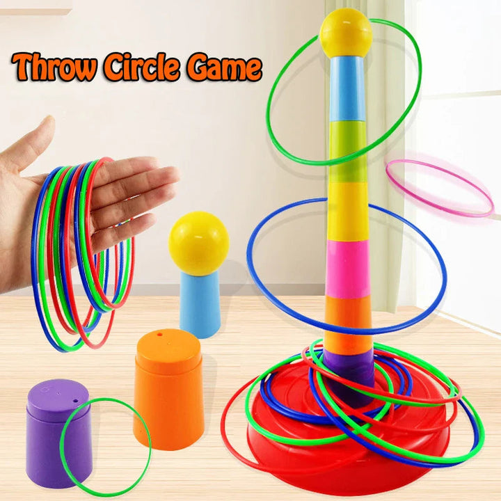 Ring toss tower with colorful rings and separate stacking cup pieces