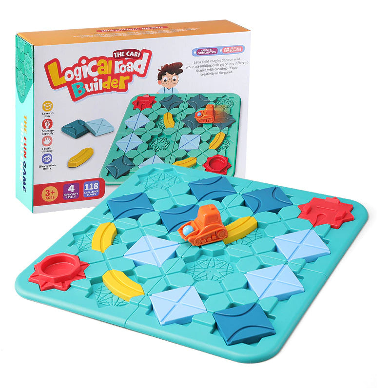 Boxed road-building game displayed with its teal board, colorful road pieces, and orange vehicle