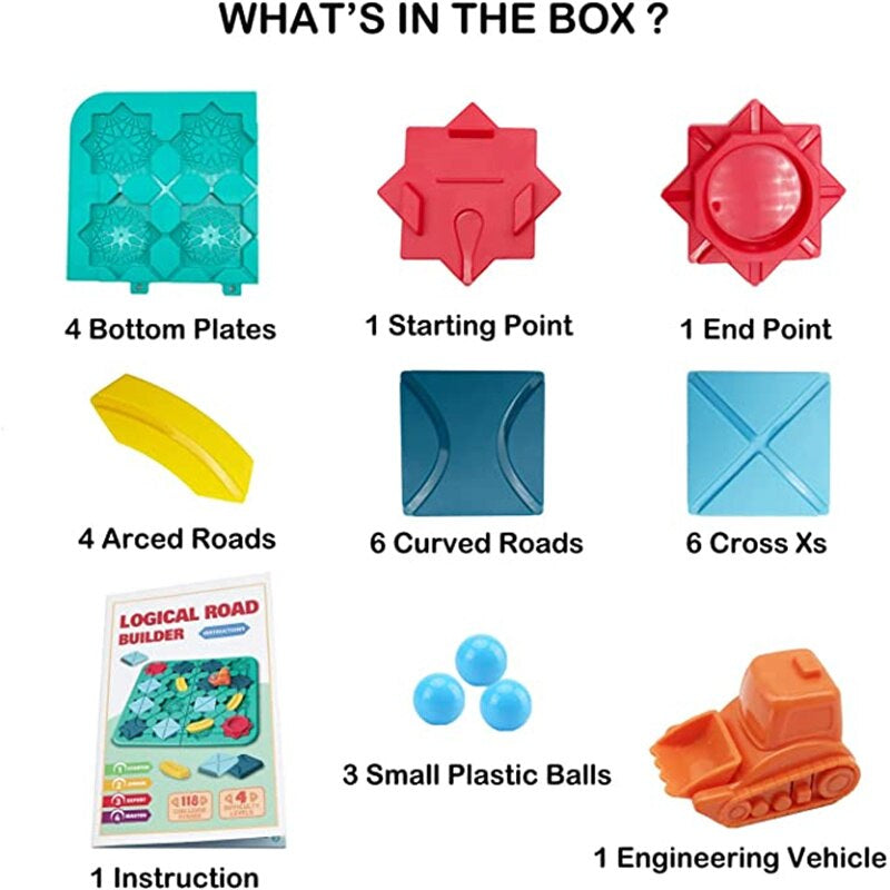 Contents chart with base plates, road pieces, start and finish pieces, balls, a vehicle, and instructions