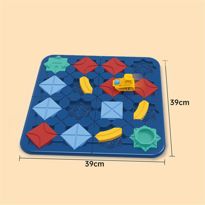 Measurement diagram of a square road-puzzle board with colorful tracks and an orange vehicle