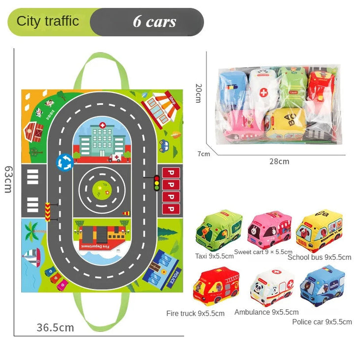 Measurement chart showing the road play mat, six soft vehicles, and packaged set
