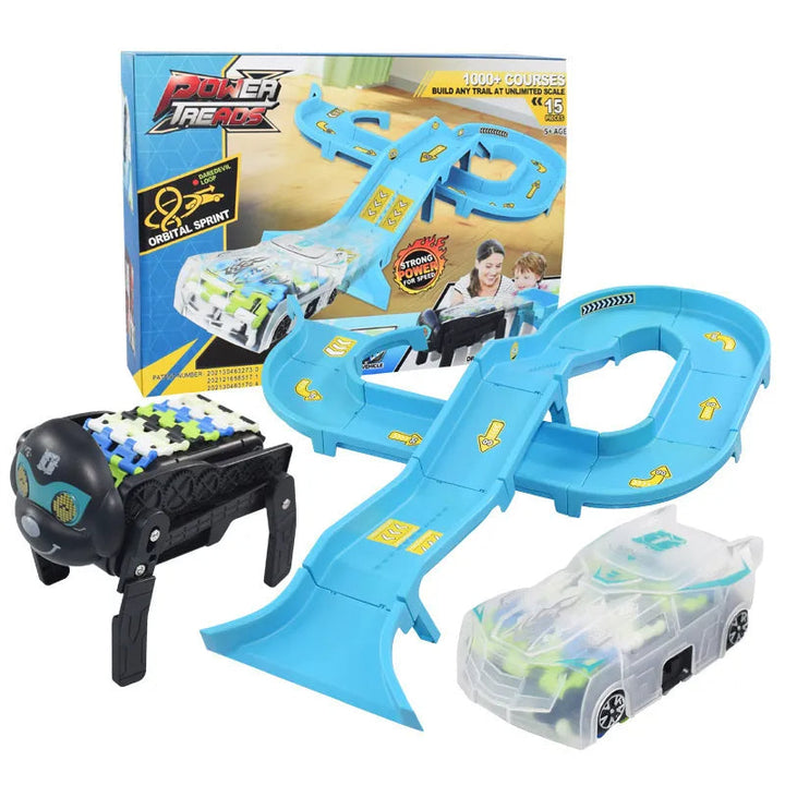 Blue race track set with a clear toy car, black robot dog, and retail box