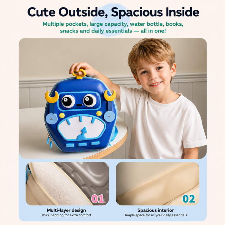 Blue robot backpack with close-ups of its interior lining and main compartment