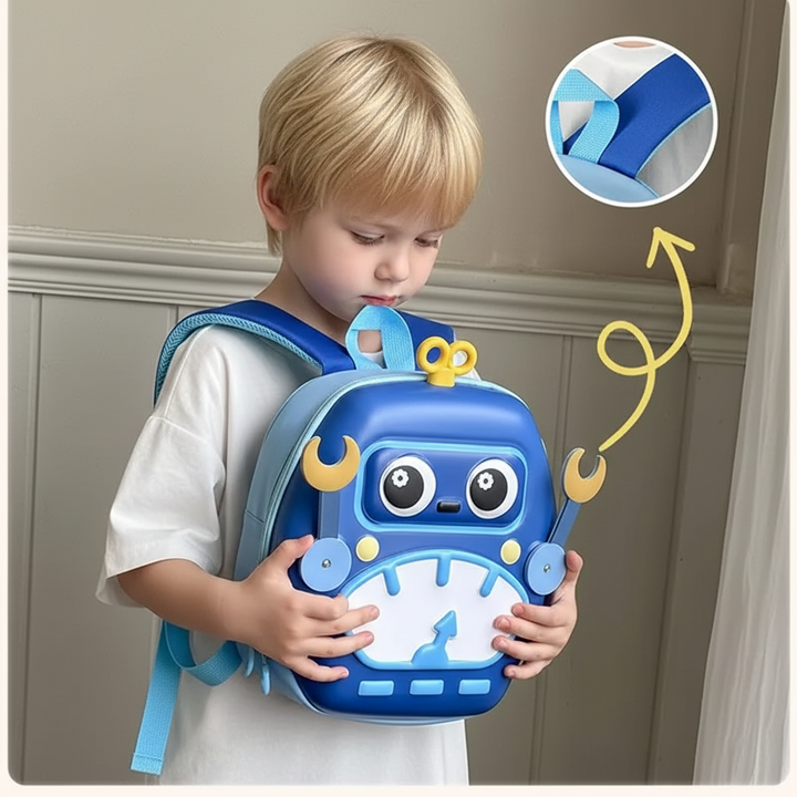 Child wearing a blue robot backpack with an inset showing the shoulder strap