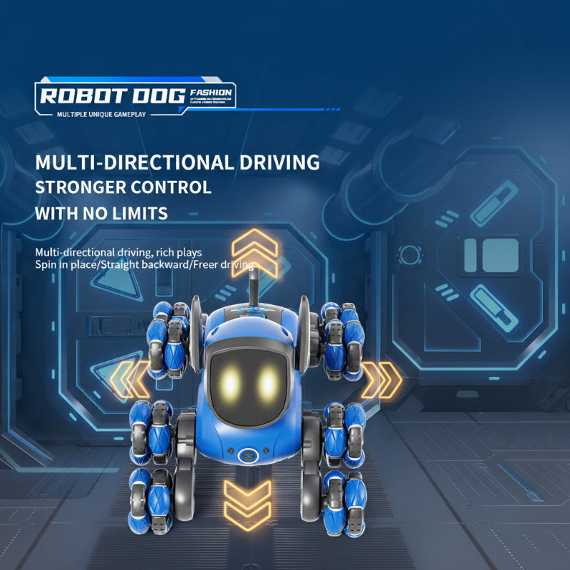 Overhead view of a blue robot dog with arrows illustrating multidirectional movement.