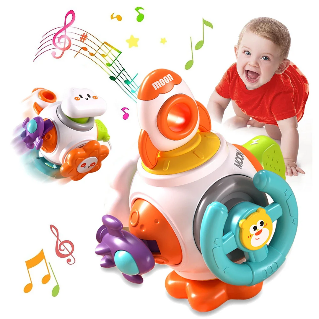 Rocket activity toy with steering wheel and cloud button shown beside a crawling child
