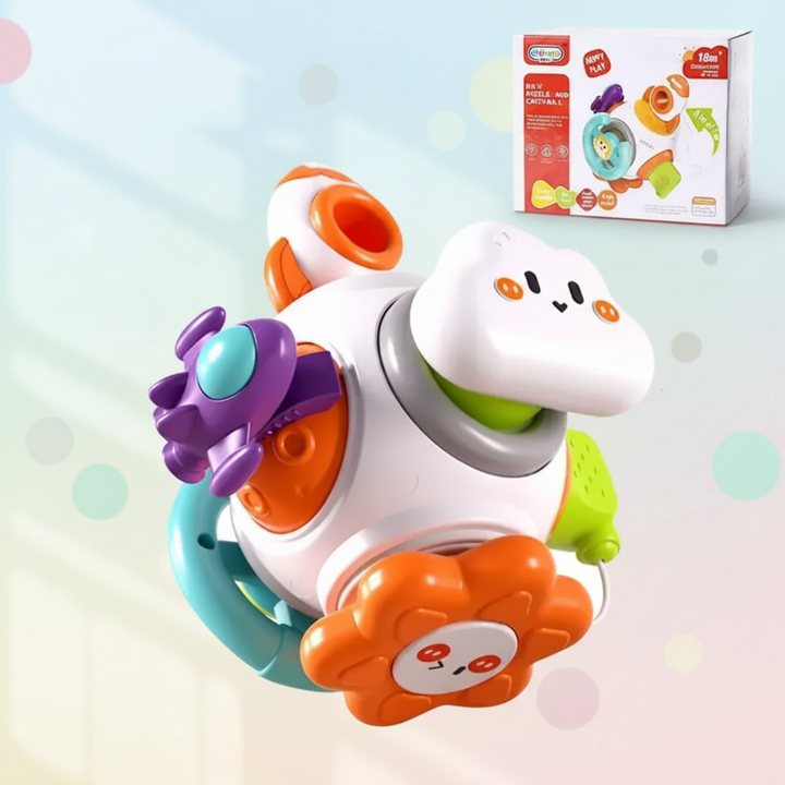 Rocket activity toy showing the cloud button, purple spaceship, and orange flower, with its retail box