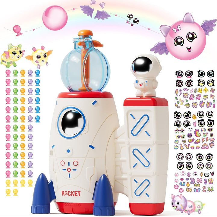 Rocket-themed balloon maker with astronaut figure, colorful balloons, decorations, and sticker sheets
