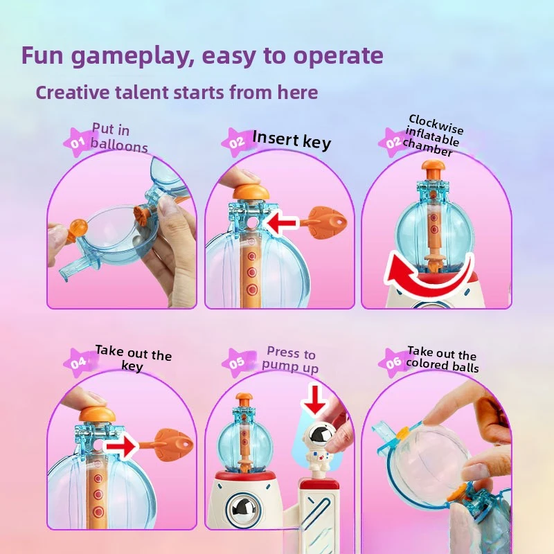 Six illustrated steps for loading, assembling, pumping, and removing a balloon from the rocket station