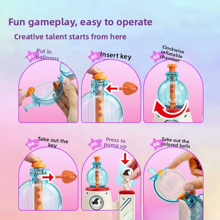 Six illustrated steps for loading, assembling, pumping, and removing a balloon from the rocket station