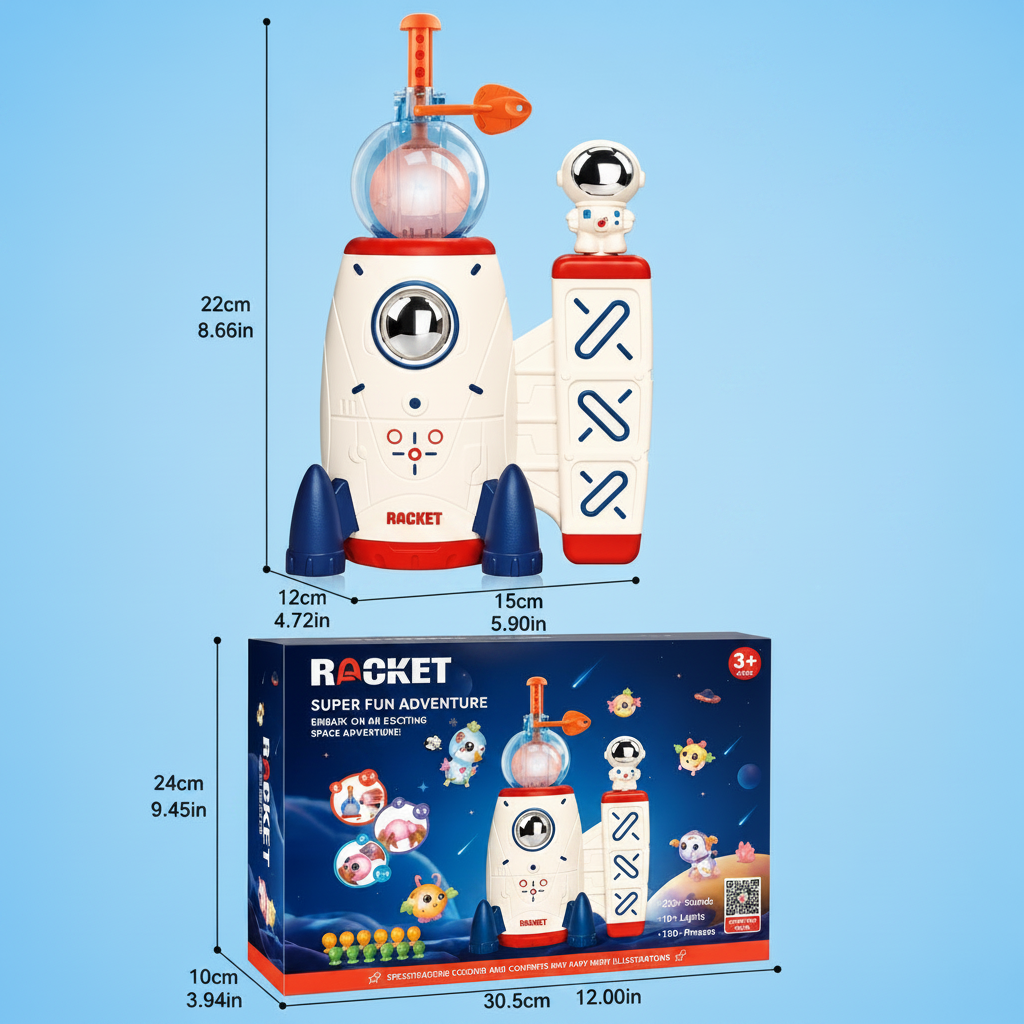 Measurement chart for the rocket balloon maker and its retail box