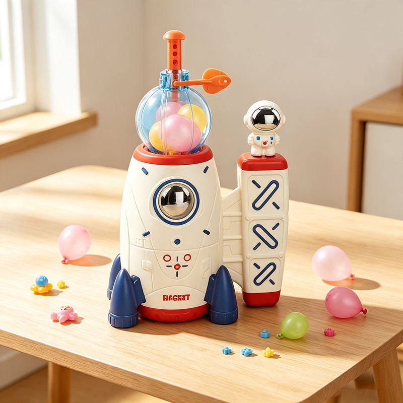 Rocket balloon maker and astronaut figure on a wooden table with colorful balloons and decorating pieces