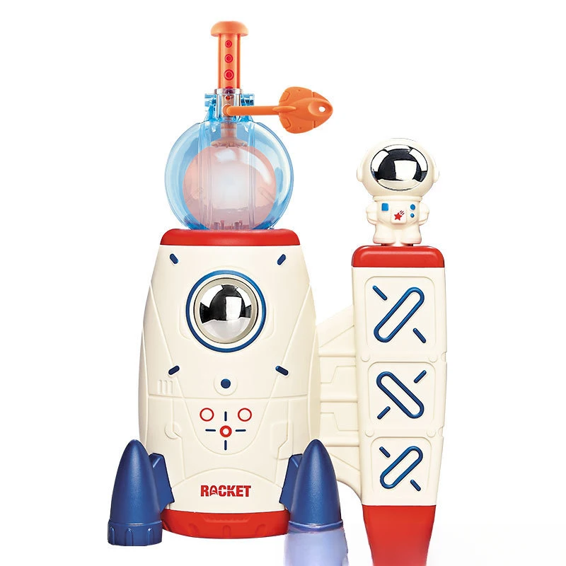 Rocket-shaped balloon maker with a clear blue chamber, orange pump, and astronaut figure