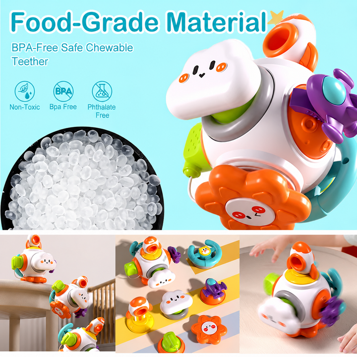 Rocket activity toy with a cloud-shaped button and orange flower panel, shown in several play settings