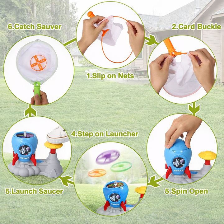Illustrated steps for assembling a catching net, loading the launcher, and catching a disc