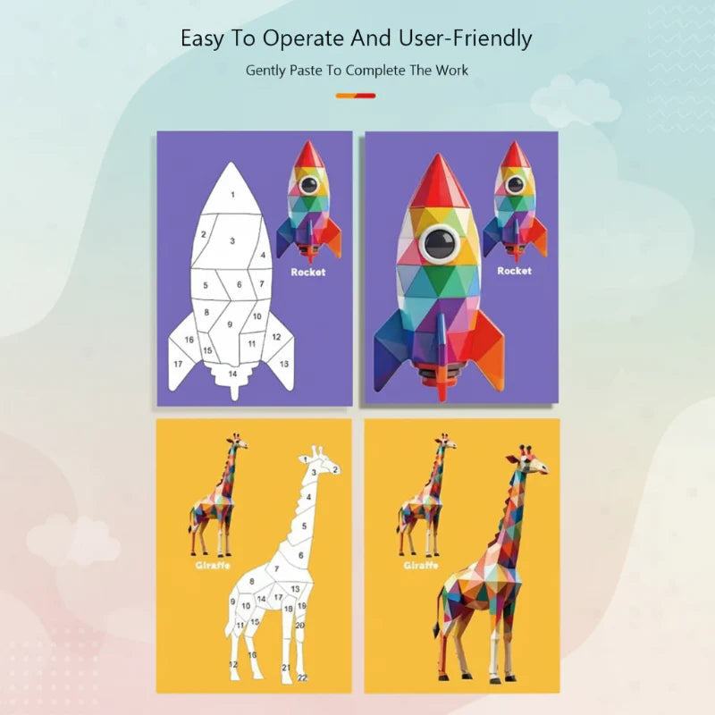 Rocket and giraffe puzzle outlines beside their completed geometric sticker designs