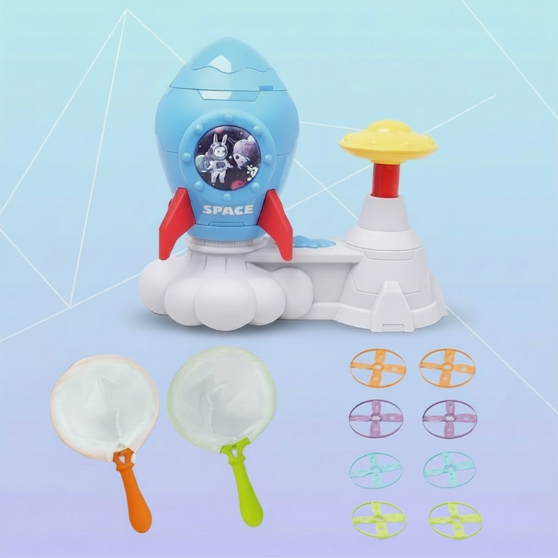 Rocket disc launcher set with eight colorful flying discs and two handheld catching nets