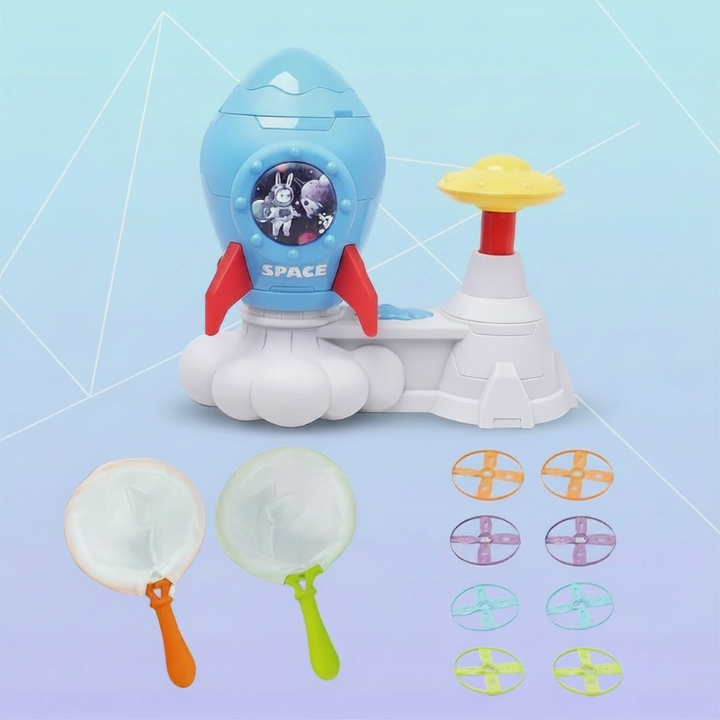 Rocket disc launcher set with eight colorful flying discs and two handheld catching nets