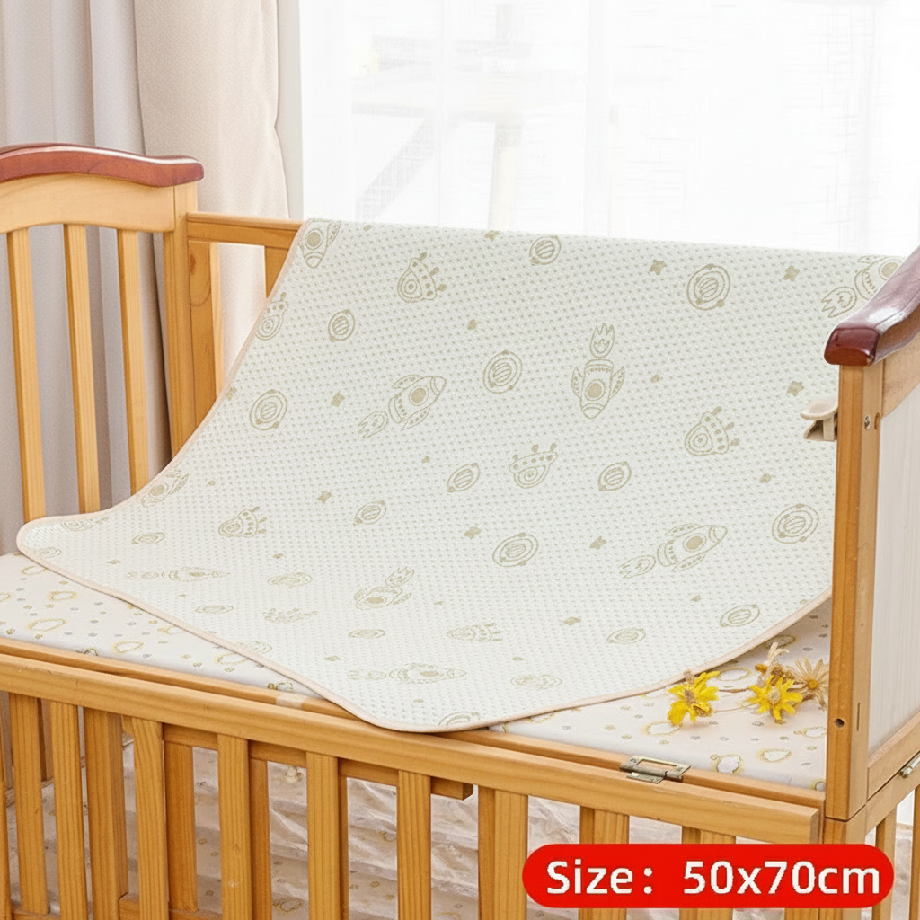 Rocket-print mattress protector labeled 50 x 70 cm draped in a wooden crib