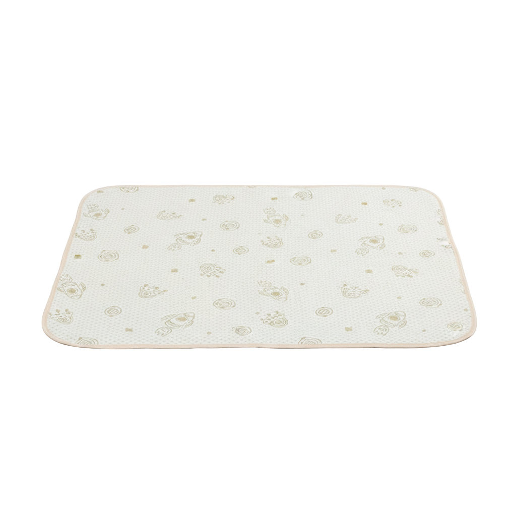 Rocket-print mattress protector with rounded corners shown flat