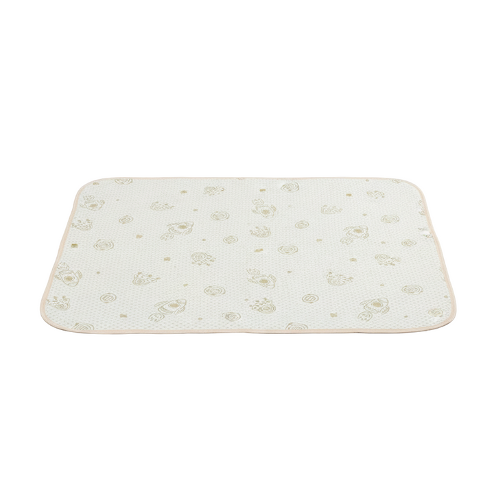 Rocket-print mattress protector with rounded corners shown flat