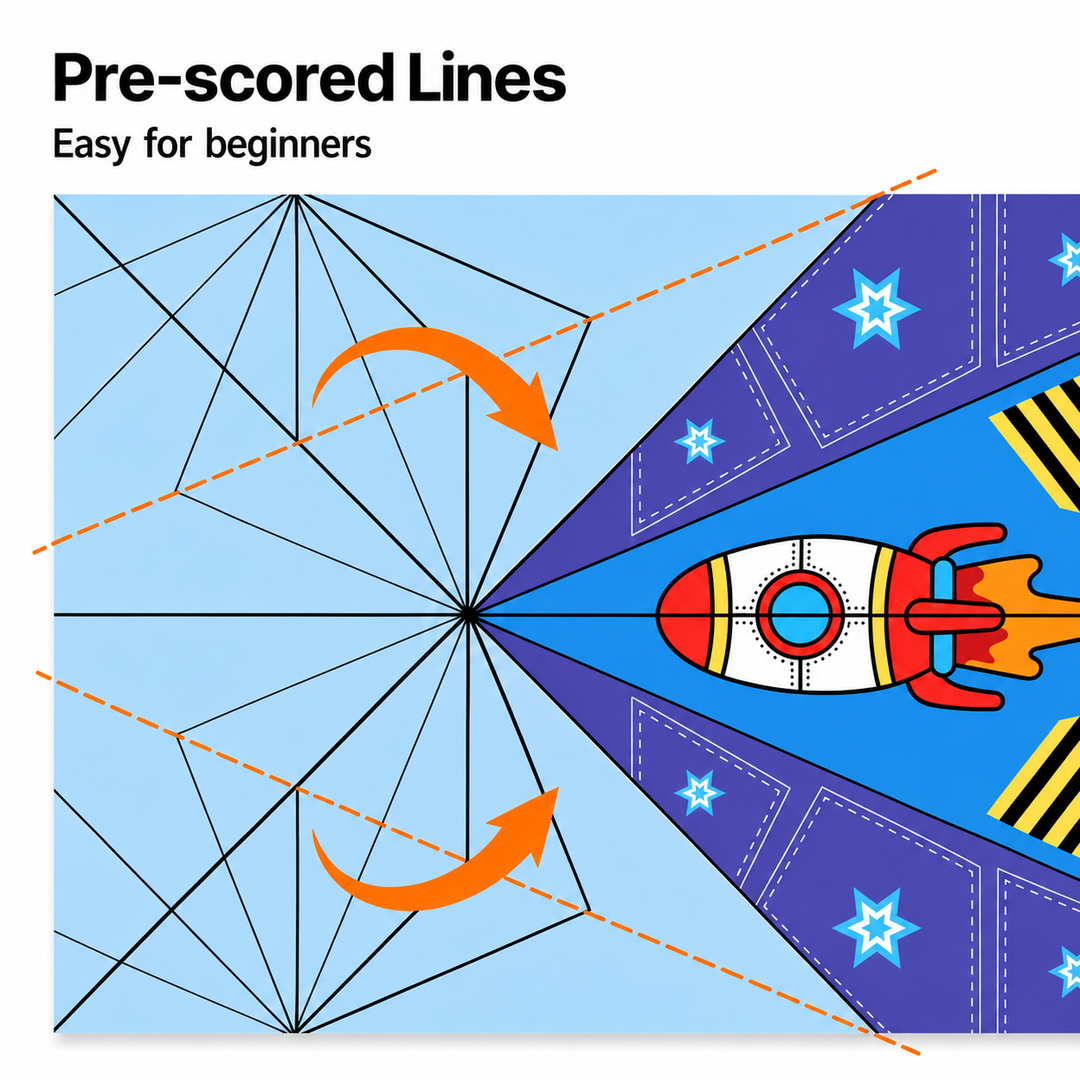 Printed fold lines and folding arrows on a colorful rocket-patterned paper sheet