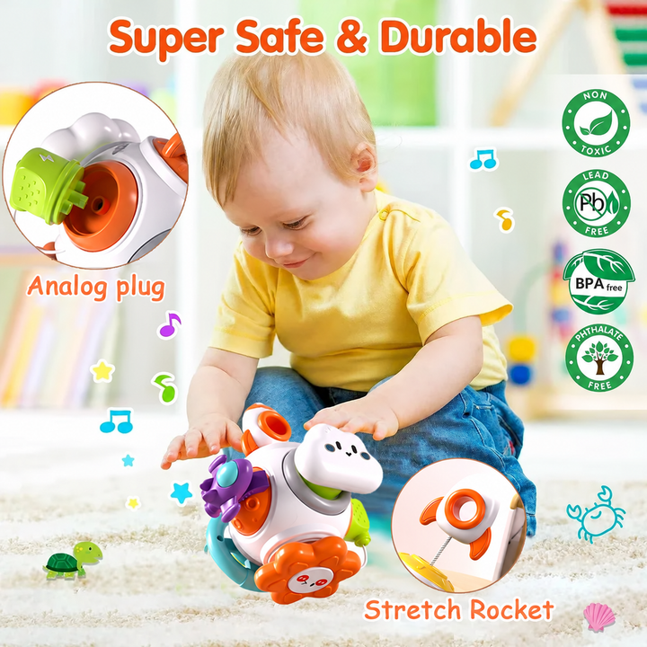 Child playing with the Rocket activity toy, with close-ups of the pretend plug and pull-out rocket