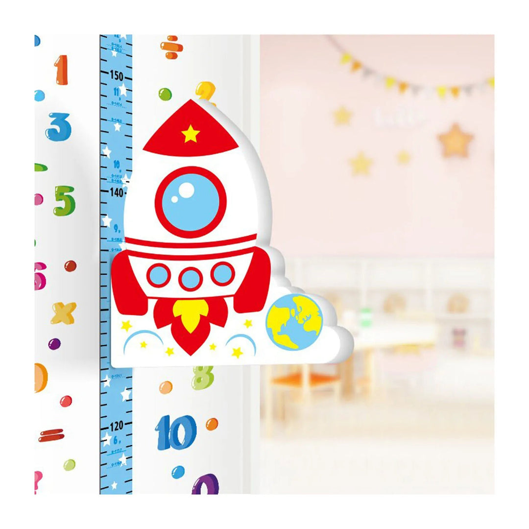 Red and white rocket character beside a blue height scale and colorful numbers