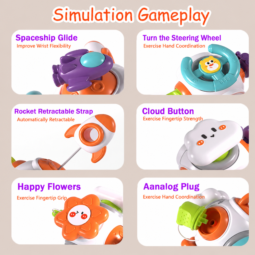 Rocket toy activities showing a spaceship slider, steering wheel, pull-out rocket, cloud button, flower, and plug