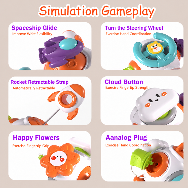 Rocket toy activities showing a spaceship slider, steering wheel, pull-out rocket, cloud button, flower, and plug