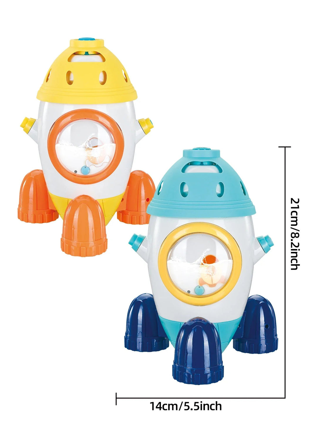 Blue and yellow rocket sprinklers with measurements of 14 cm wide and 21 cm tall