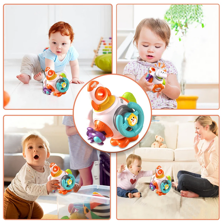 Children exploring the Rocket activity toy during floor play and playtime with an adult