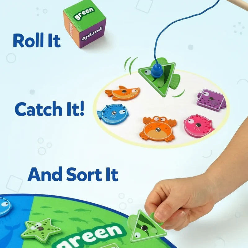 Steps showing a die roll, magnetic fishing, and sorting green fish onto the mat