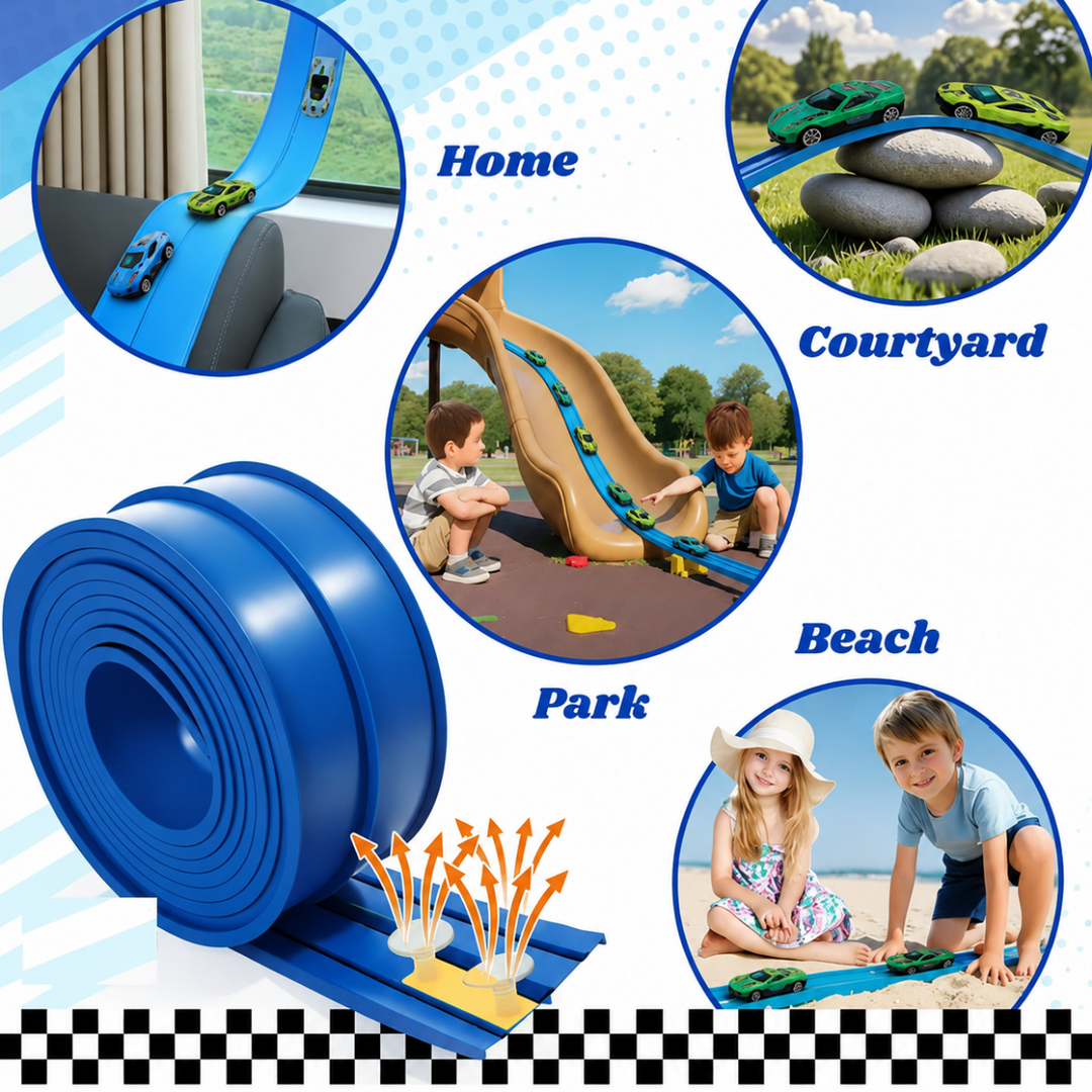 Rolled blue race track with examples of indoor, courtyard, park, and beach play settings.