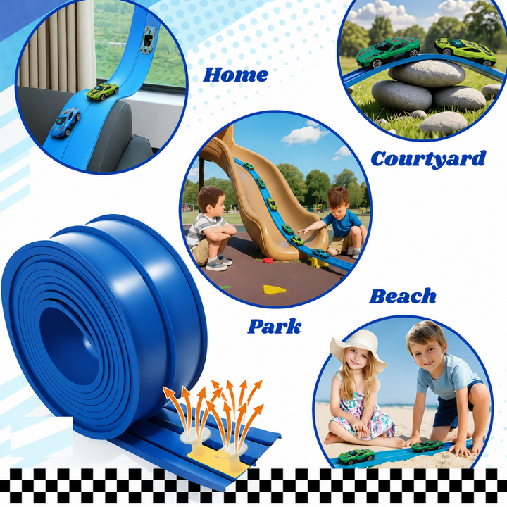Rolled blue race track with examples of indoor, courtyard, park, and beach play settings.