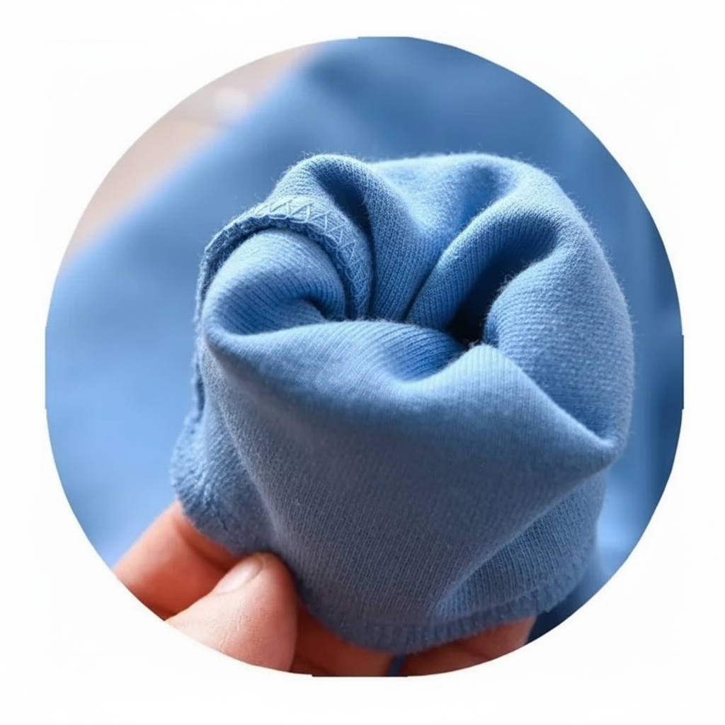 Rolled blue sweatshirt fabric showing the inside texture