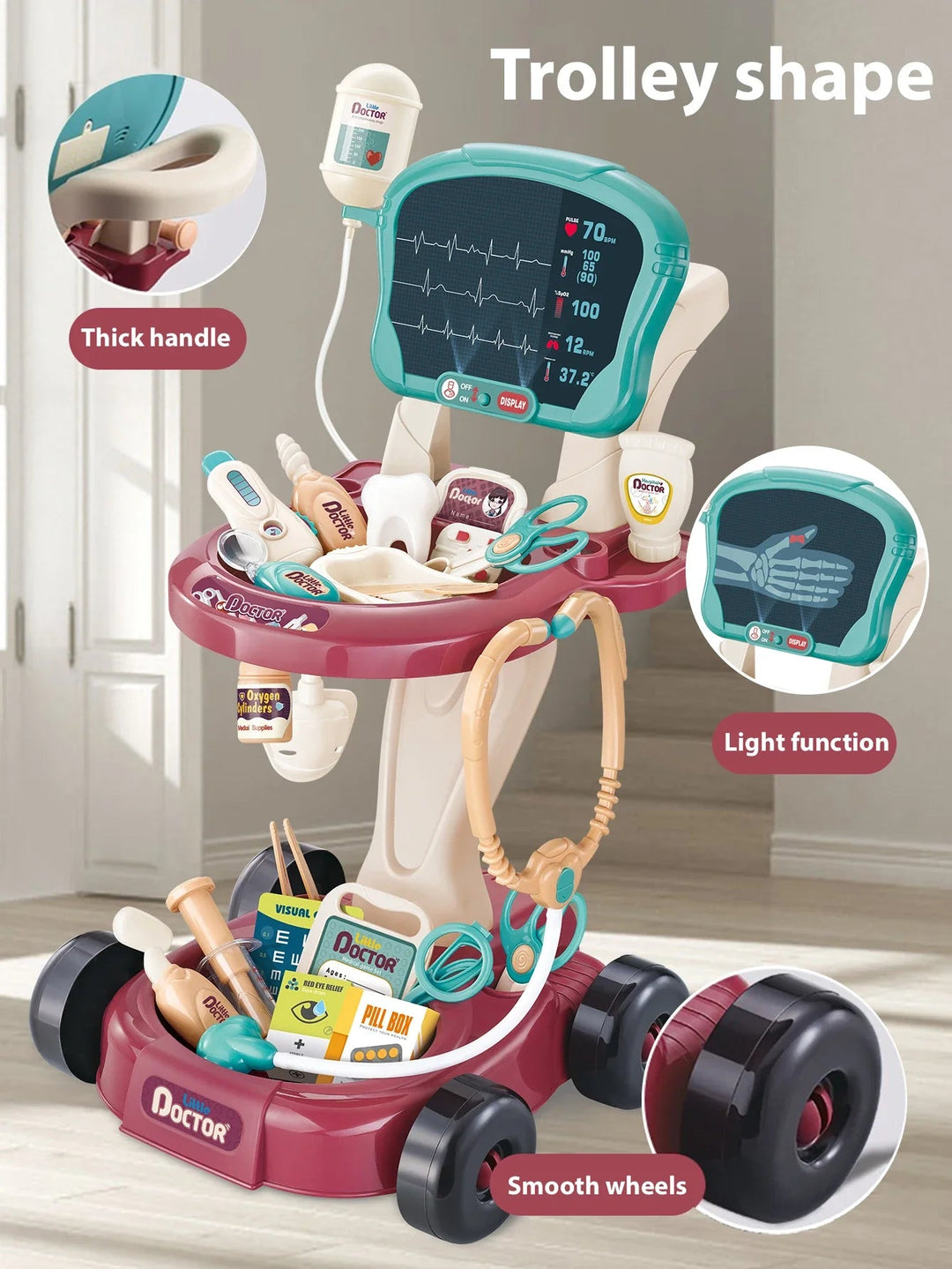 Rolling doctor cart with callouts for the handle, light feature, and wheels