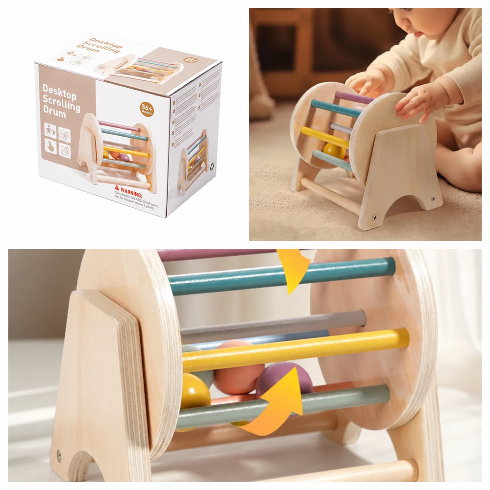 Wooden rolling drum shown with its box, a baby playing and a close-up of the colorful bars
