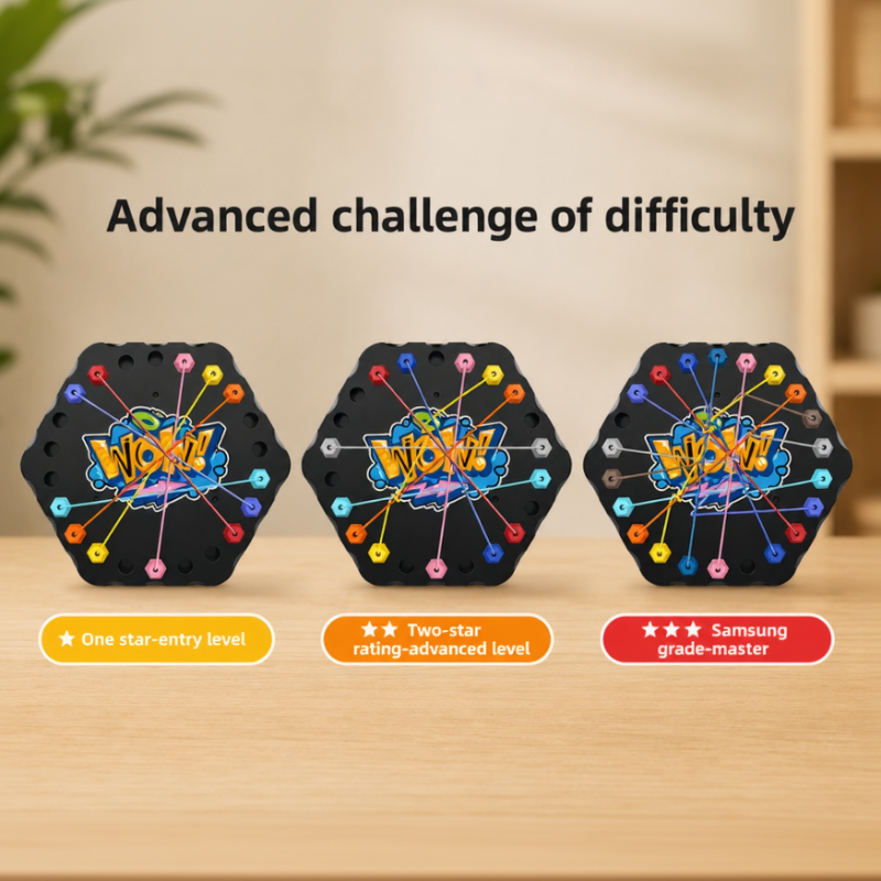 Three black rope puzzle boards showing patterns with different levels of complexity.